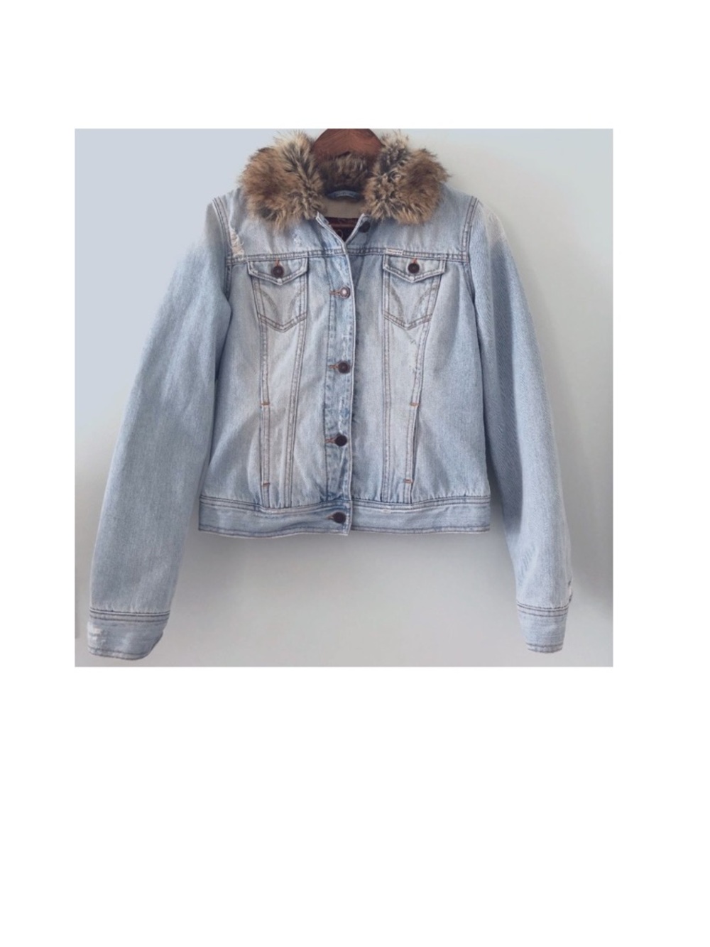 Hollister Distressed Faux Fur Trimmed Jean Jacket Size M